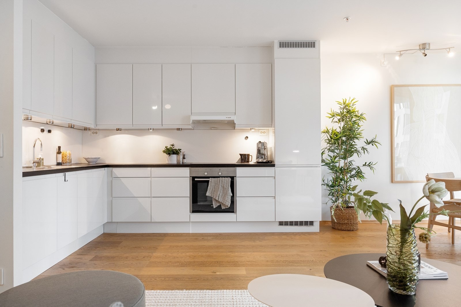 Innredet med slette fronter og laminat benkeplate med nedfelt oppvaskkum og ettgreps blandebatteri. Galleribilde