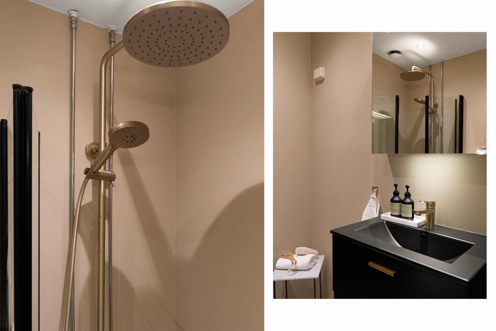 Gulvvarme sørger for behagelig komfort, mens dusjhjørnet med glassvegger og det vegghengte toalettet bidrar til en luftig og funksjonell planløsning Galleribilde