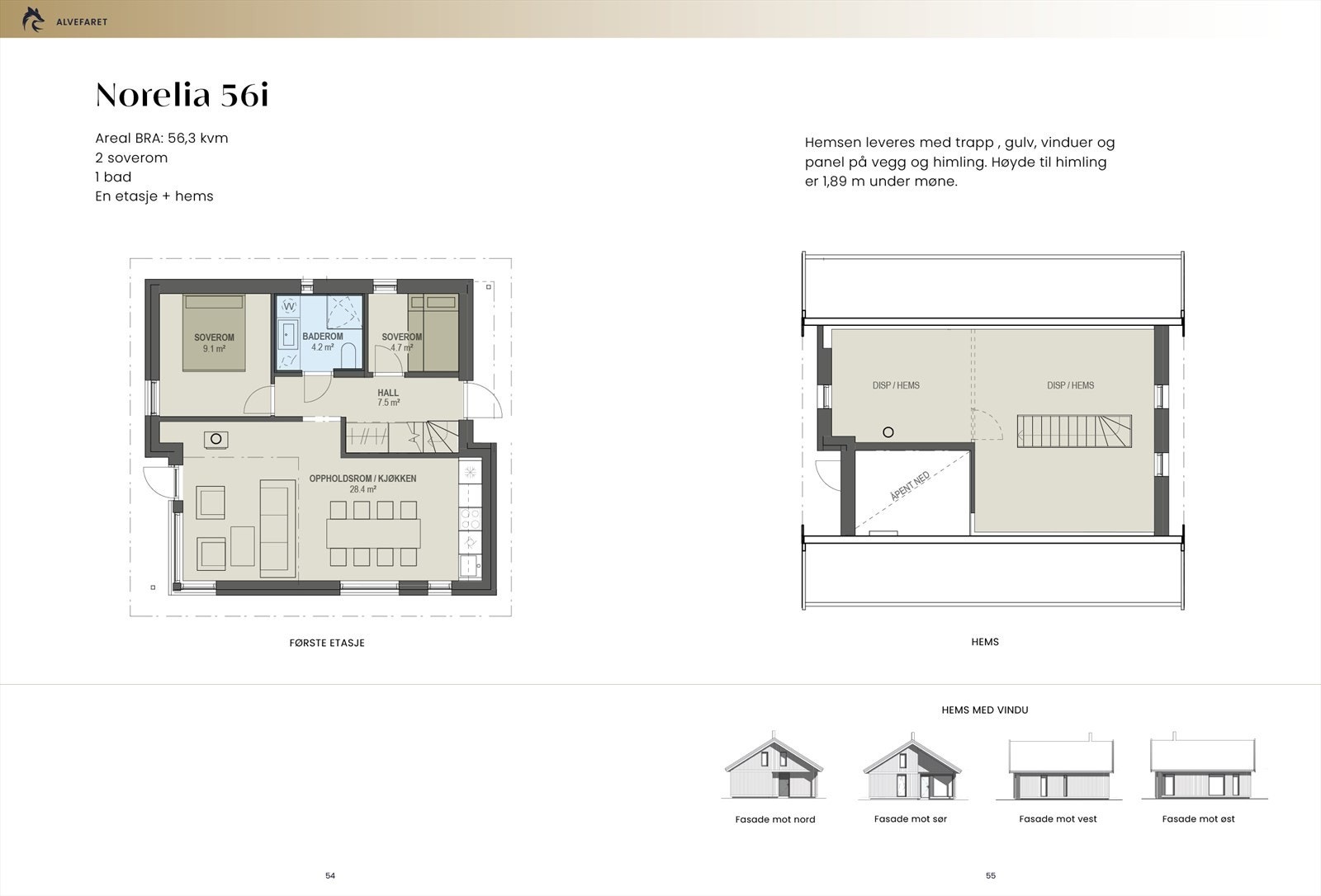 Norelia 56i med hems (gulvflate hems er ca. 31 kvm). Det er også mulighet å få levert som tilvalg utvendig skiskap. Galleribilde