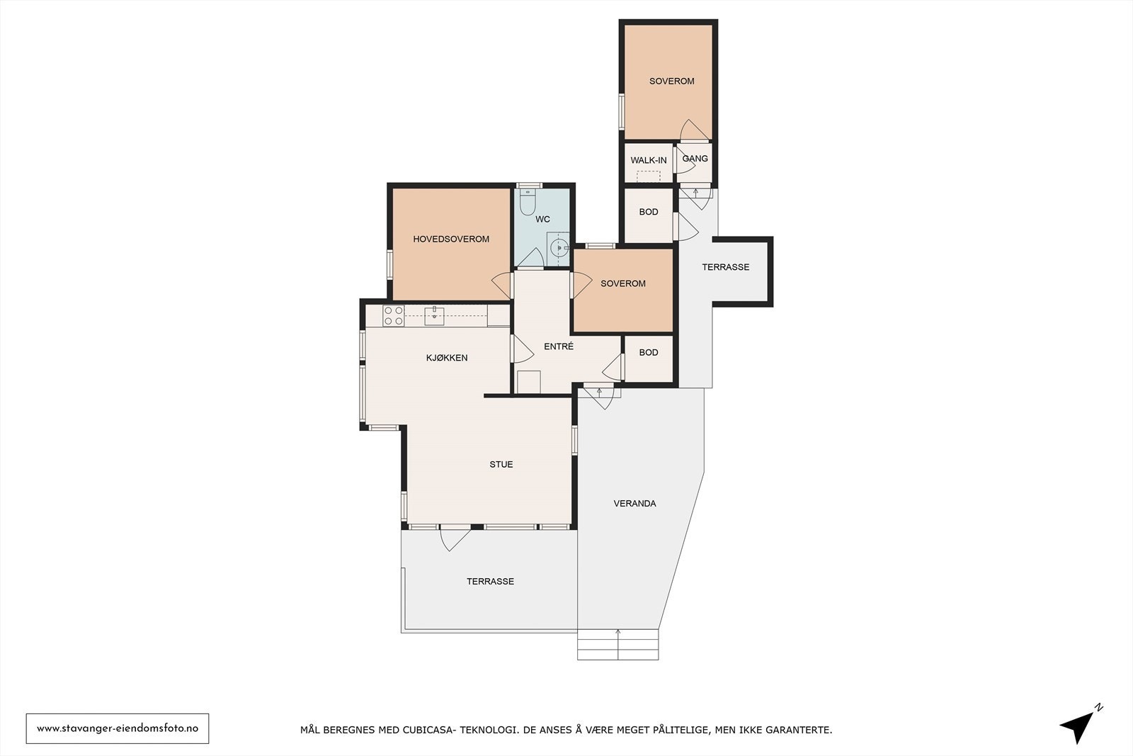 Plantegning. Det gjøres særskilt oppmerksom soverom øverst på bildet er tegnet inn som bod/arbeidsbrakke under byggeperiode på de opprinnelige byggetegningene. Les mer om dette under "innhold i salgsoppgaven". Galleribilde