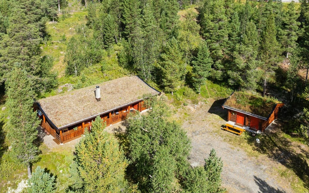 Hyggelig tun med laftet tømmerhytte med anneks. Galleribilde