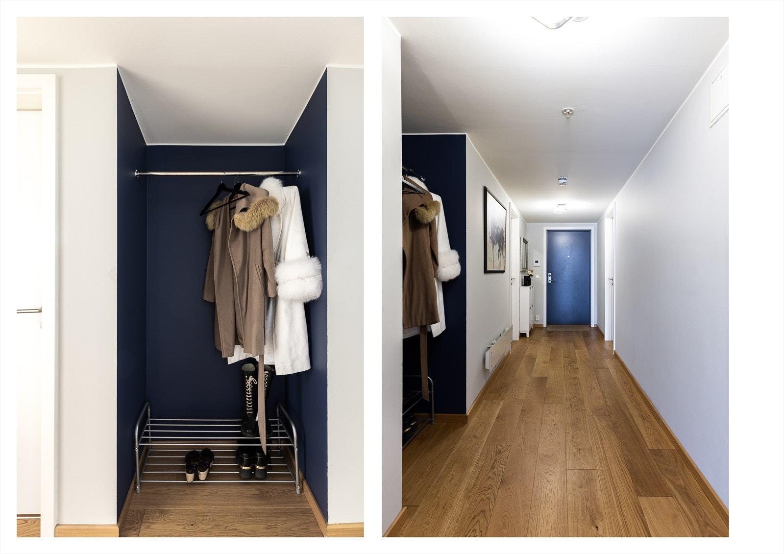 Praktisk entré med porttelefon og praktisk løsning for oppheng av yttertøy Galleribilde