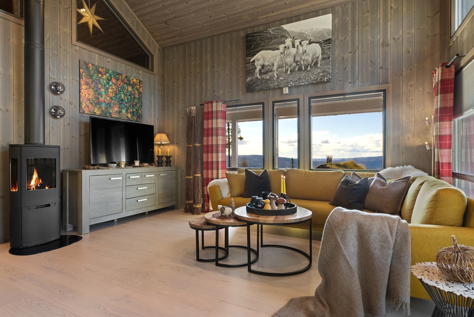 Flott og effektiv peisovn med stålpipe plassert midt i rommet som sørger for god og lun stemning i hytta. Galleribilde