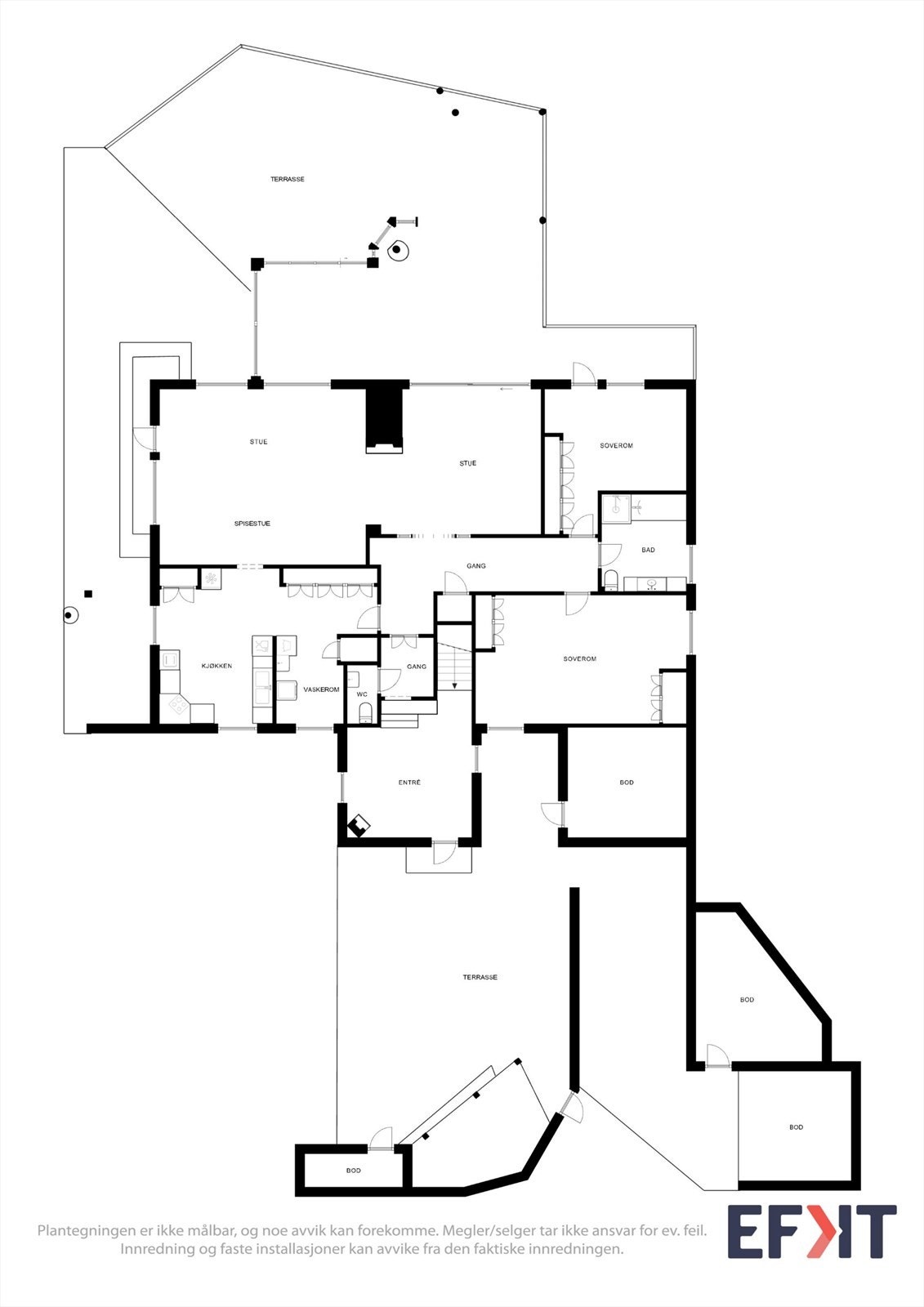 La oss starte i første etasje. Plantegningen viser en godt utnyttet planløsning med store sosiale soner og en privat soveromsfløy. Galleribilde
