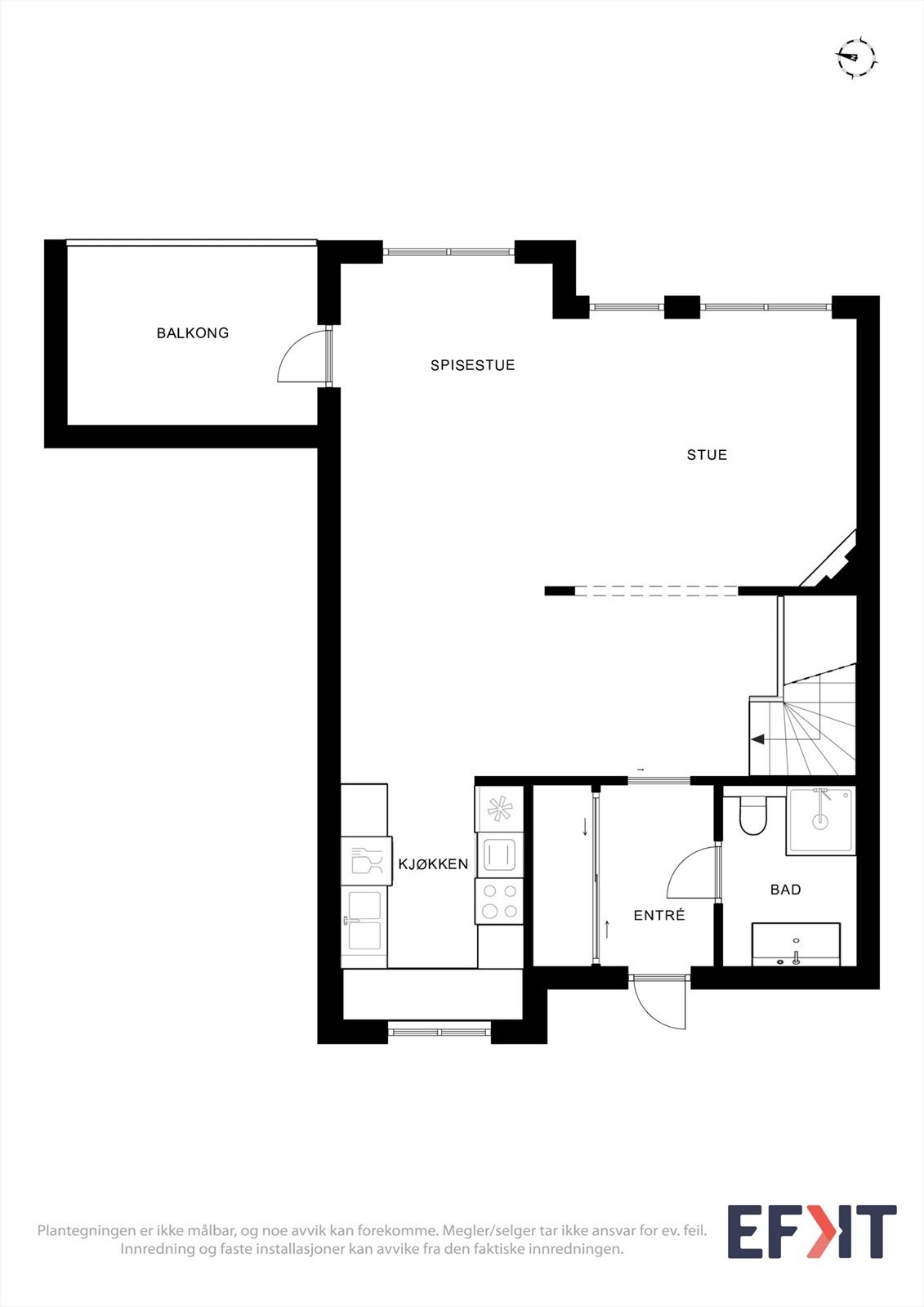 Plantegningen for første etasje viser en sosial og åpen løsning mellom stue, kjøkken og entré. Galleribilde