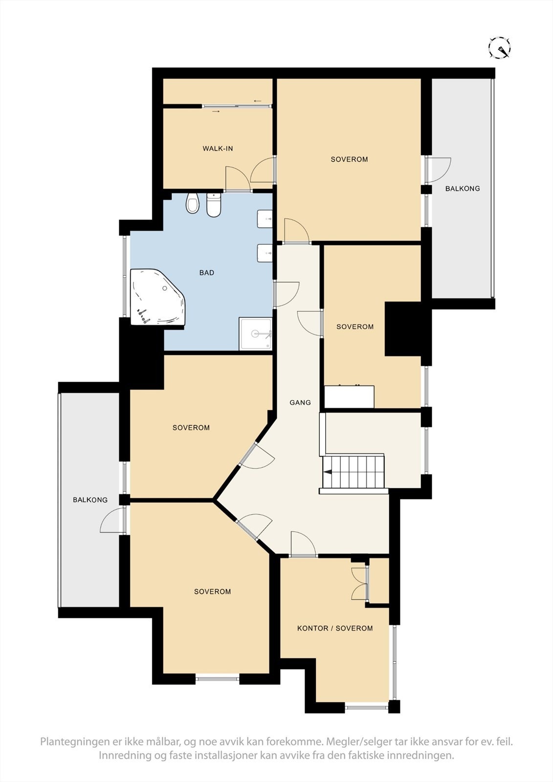 Plantegning loftsetasje. Boligen byr på fem gode soverom som alle ligger på samme plan. Galleribilde