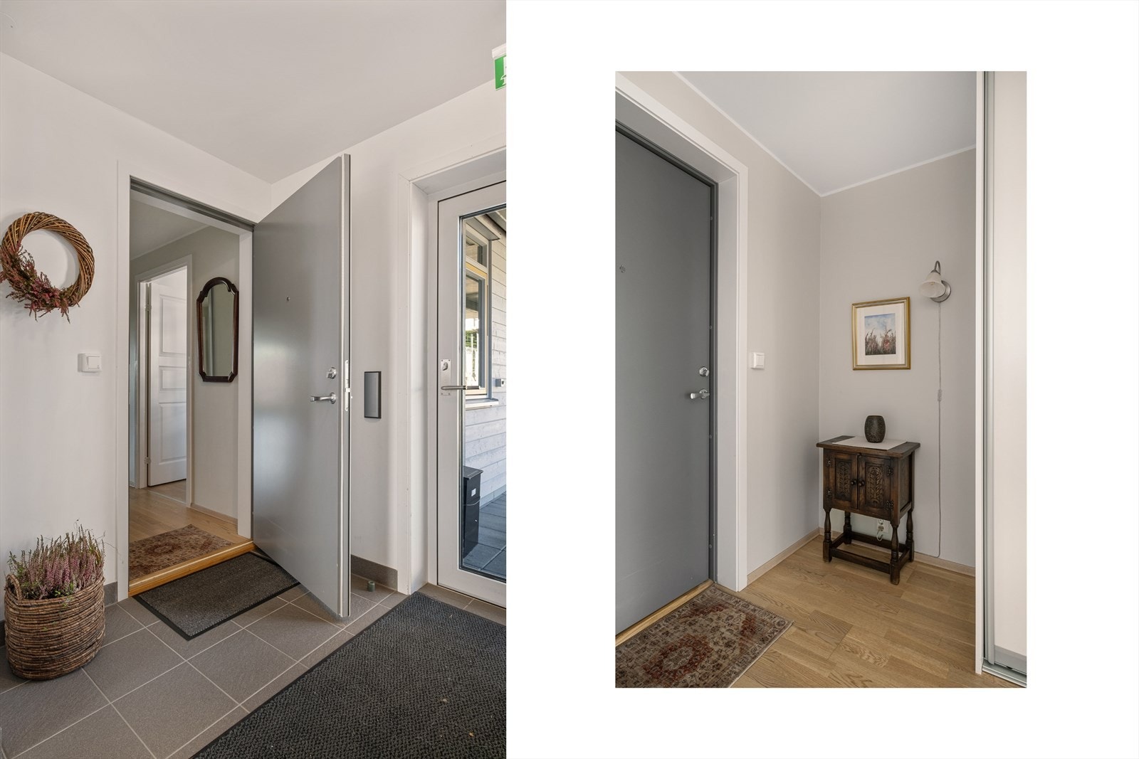 Romslig og innbydende entré med god plass til å henge av seg yttertøy og sko. Galleribilde