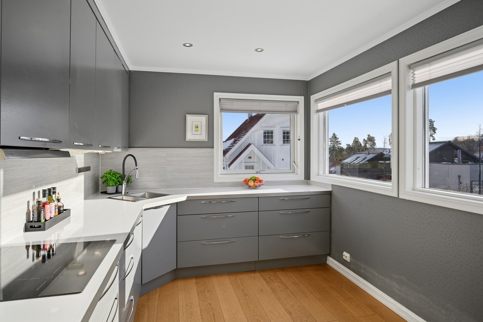 Rikelig med skap- og benkeplass. Benkeplate av laminat og avtrekk via balansert anlegg. Galleribilde