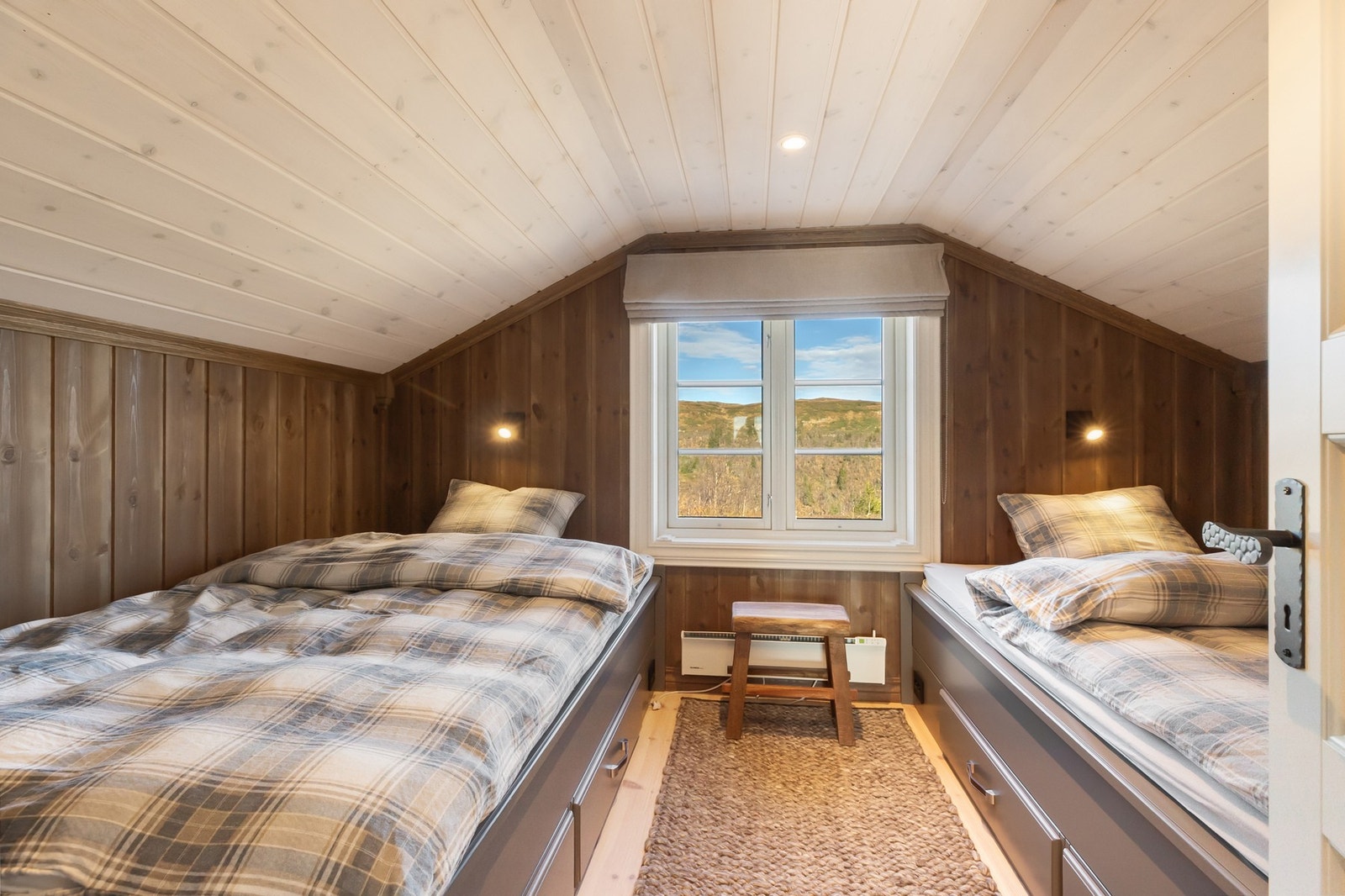 På grunn av lav takhøyde er ikke rommene godkjent for varig opphold, men begge hemsrommene møblerte med senger har godkjente rømningsvinduer. Galleribilde