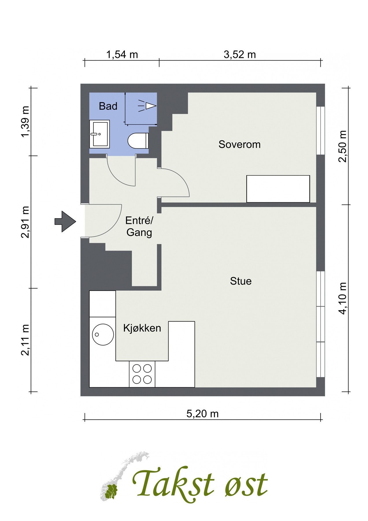 Plantegning. I tillegg disponerer leiligheten en bod i kjeller på ca. 2,3 kvm. Galleribilde