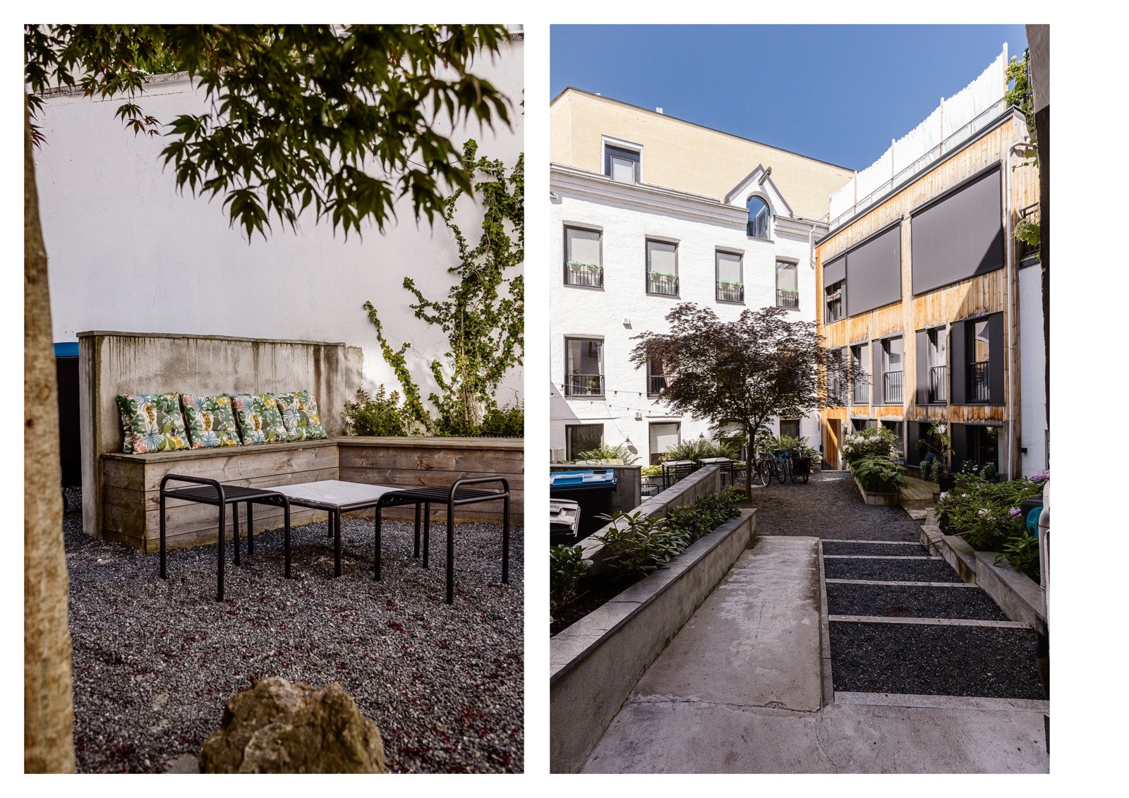 Frodig bakgård med sittegrupper. Galleribilde