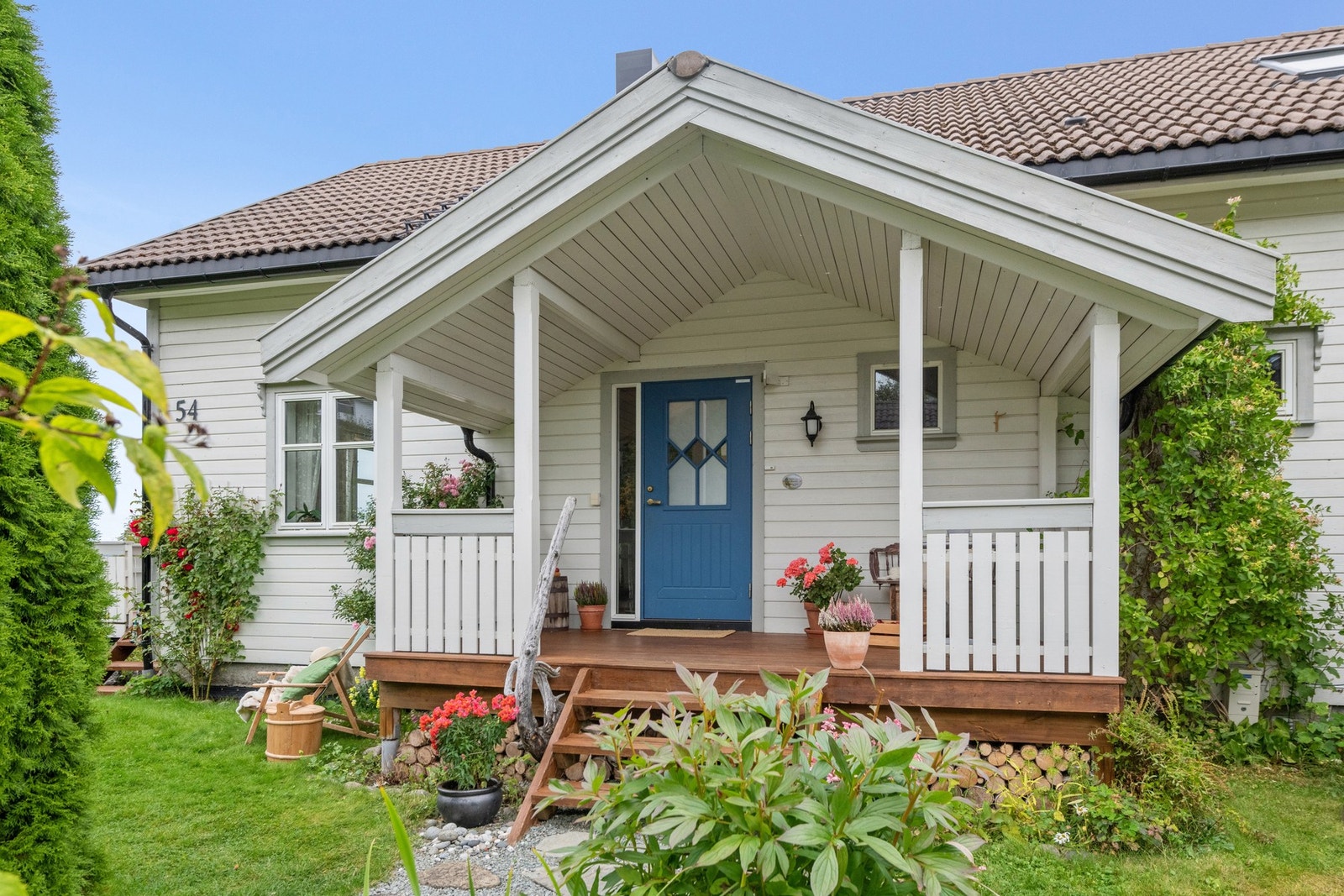 Velduftende rosebusker og markjordbær i hagen. Galleribilde