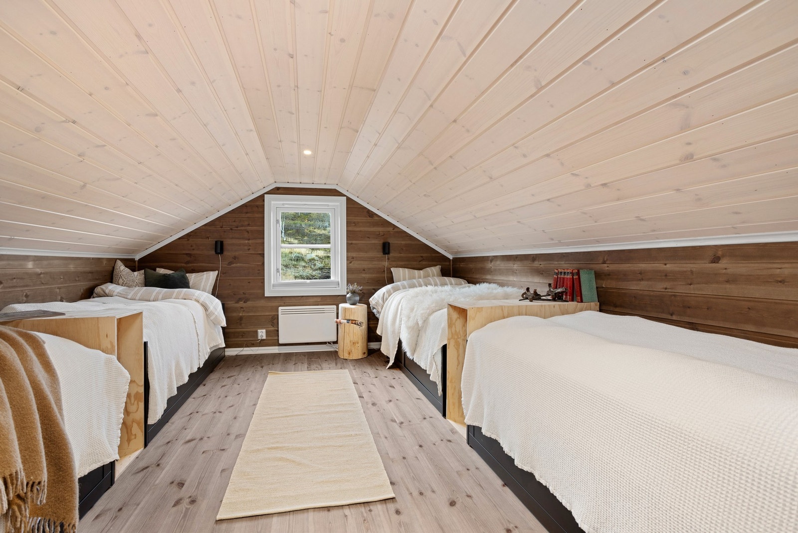 Soverom innredet med 4 sengeplasser. Loftsetasjen har ikke målbart areal pga for lav takhøyde. Soverommene er derfor ikke godkjent som soverom Galleribilde