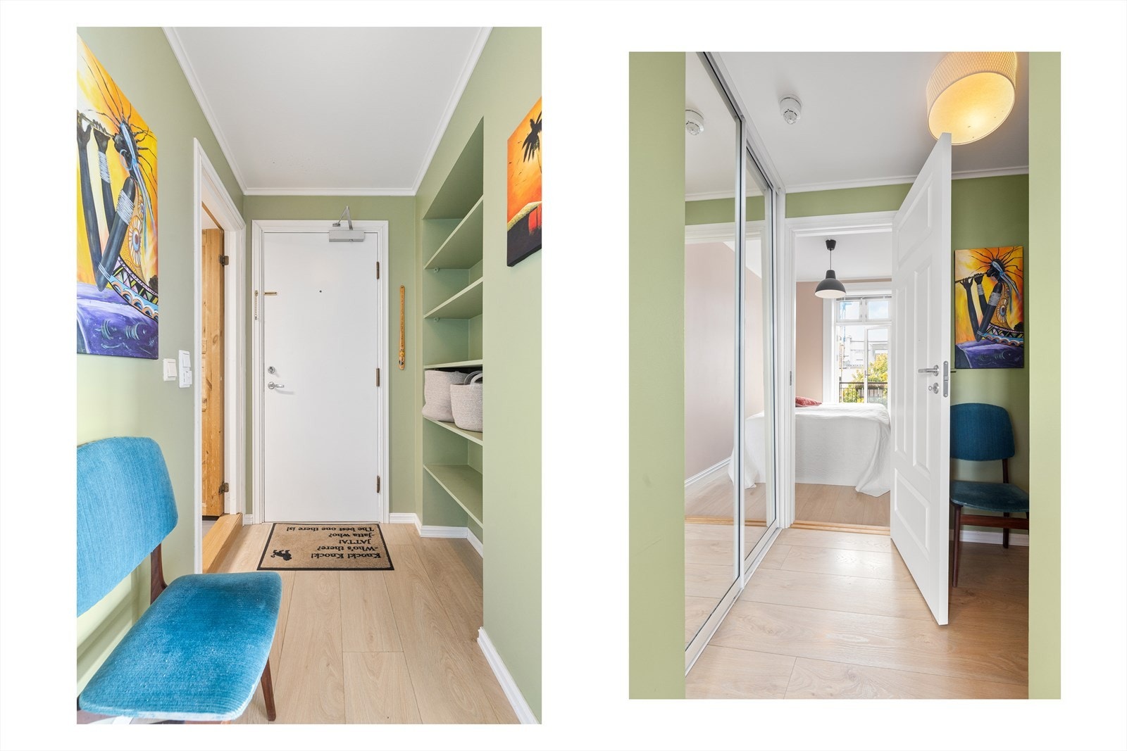 Velkommen inn! I gangen er det plass til skyvedørsgarderobe, knagger og hyller for oppbevaring av yttertøy. Galleribilde