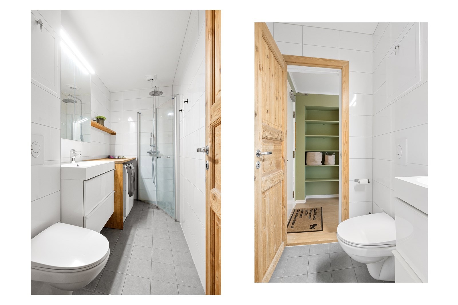 Bad pusset opp i regi av borettslaget i 2015. Badet har delikate farge- og materialvalg med fliser, elektrisk gulvvarme og opplegg for vaskemaskin. Galleribilde