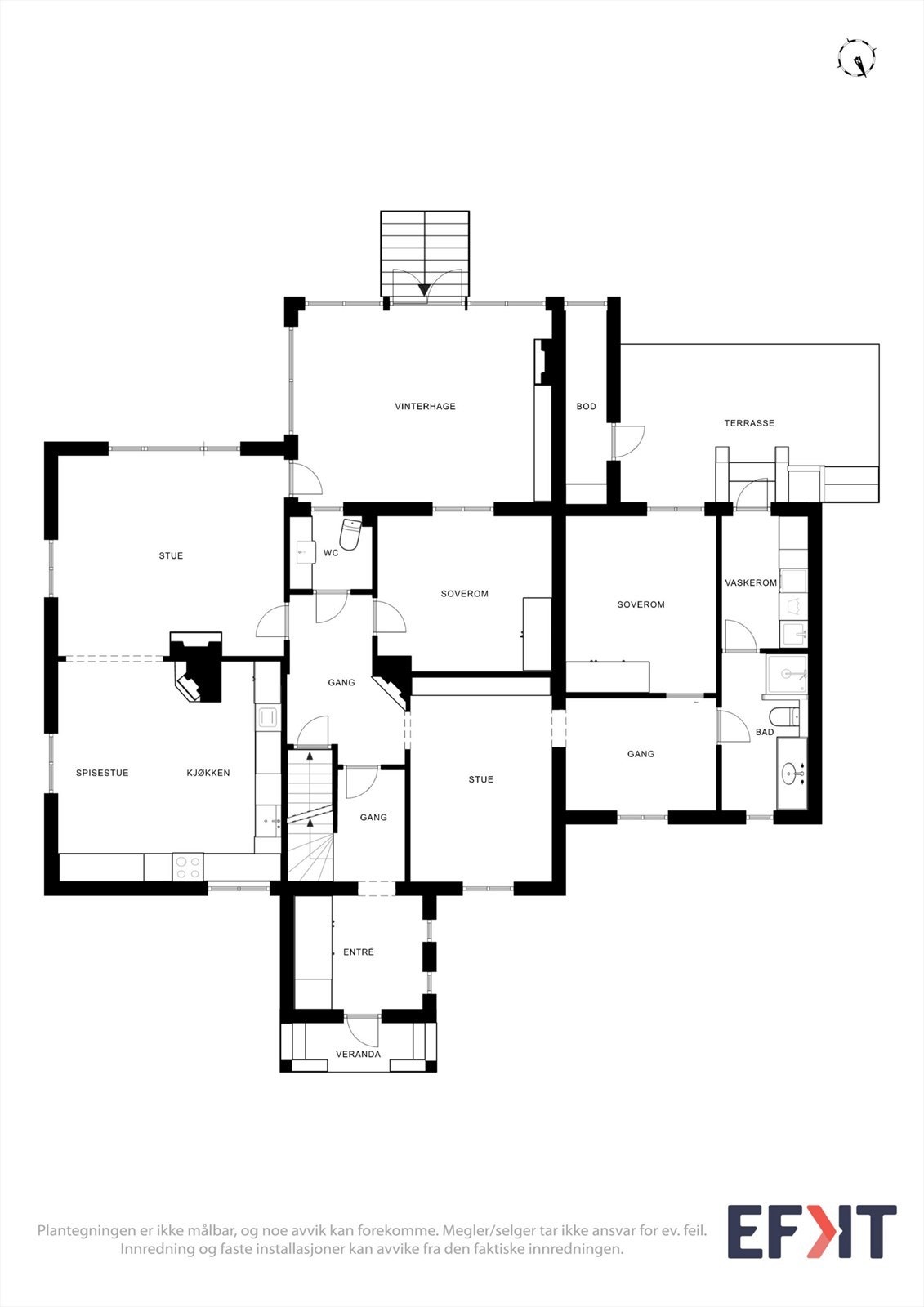 Plantegningen for første etasje viser en arealeffektiv planløsning med stue, kjøkken, to soverom, bad og vaskerom. Galleribilde