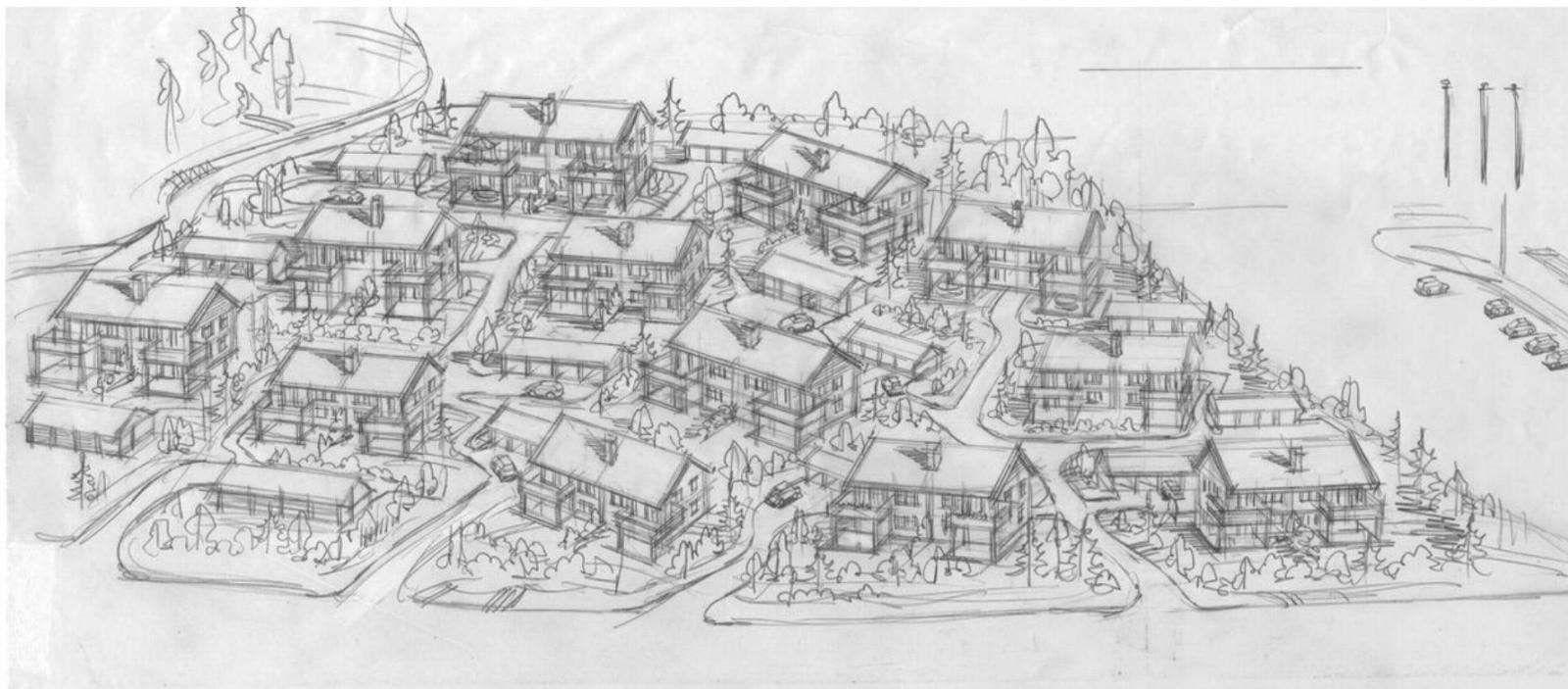 Tidligere arbeidsskisse for prosjektet. Her ble det opprinnelig prosjektert 48 leiligheter. Galleribilde