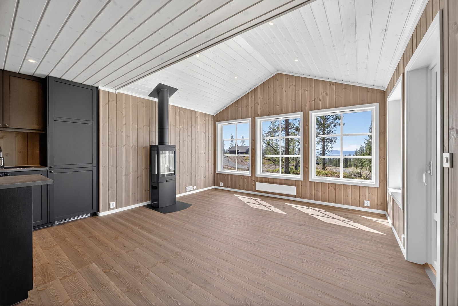 Stue og kjøkken danner et åpent sosial rom med plass til sofakrok og spisebord. Illustrasjon er ikke av selve hytta. Galleribilde