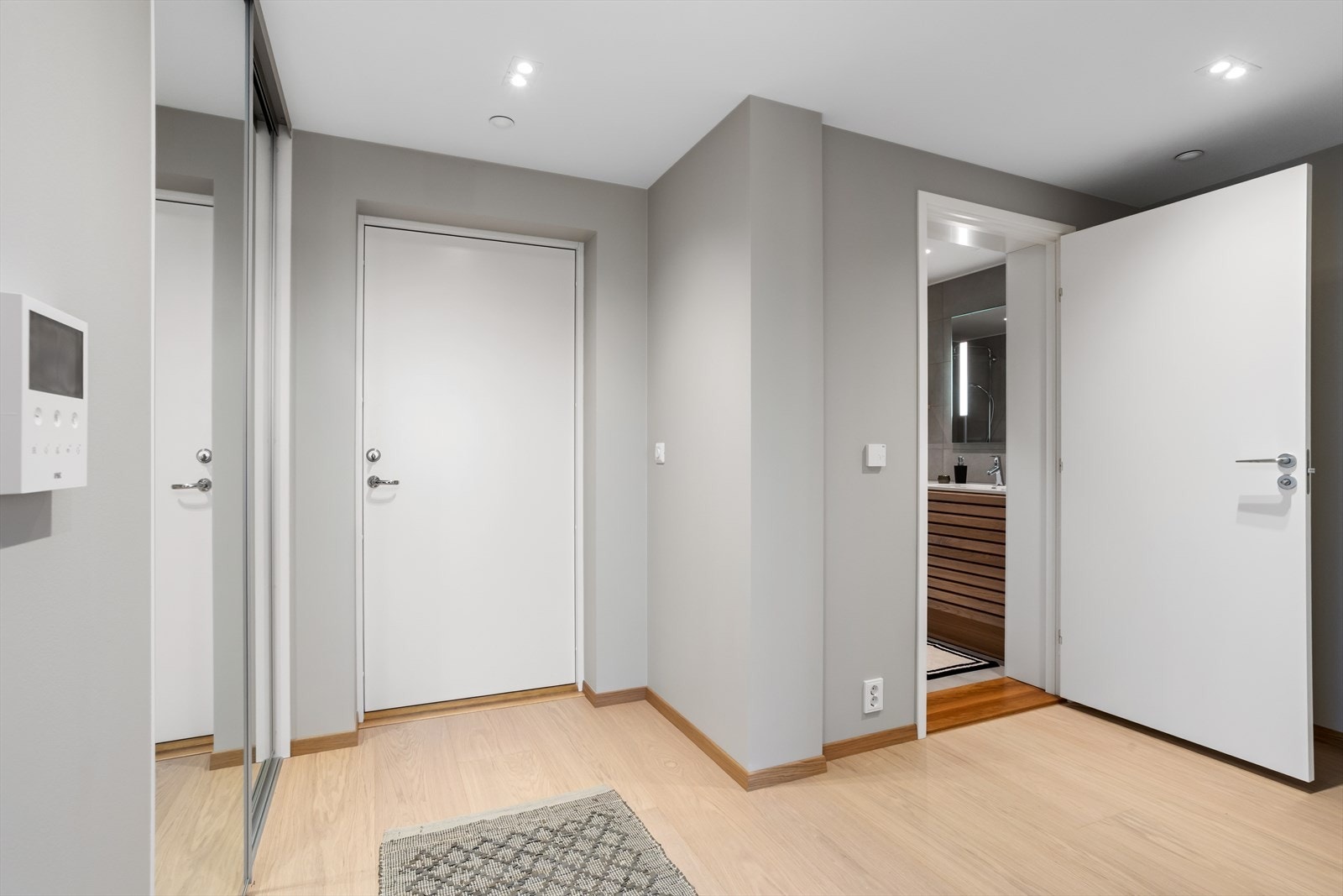 Vel innenfor leilighetens hovedinngangsdør, med adkomst fra felles innvendig gang, møter man en vid, lys og innholdsrik entre/gang på drøye 10 m². Også her gulvvarme som gir en suveren komfort. Galleribilde