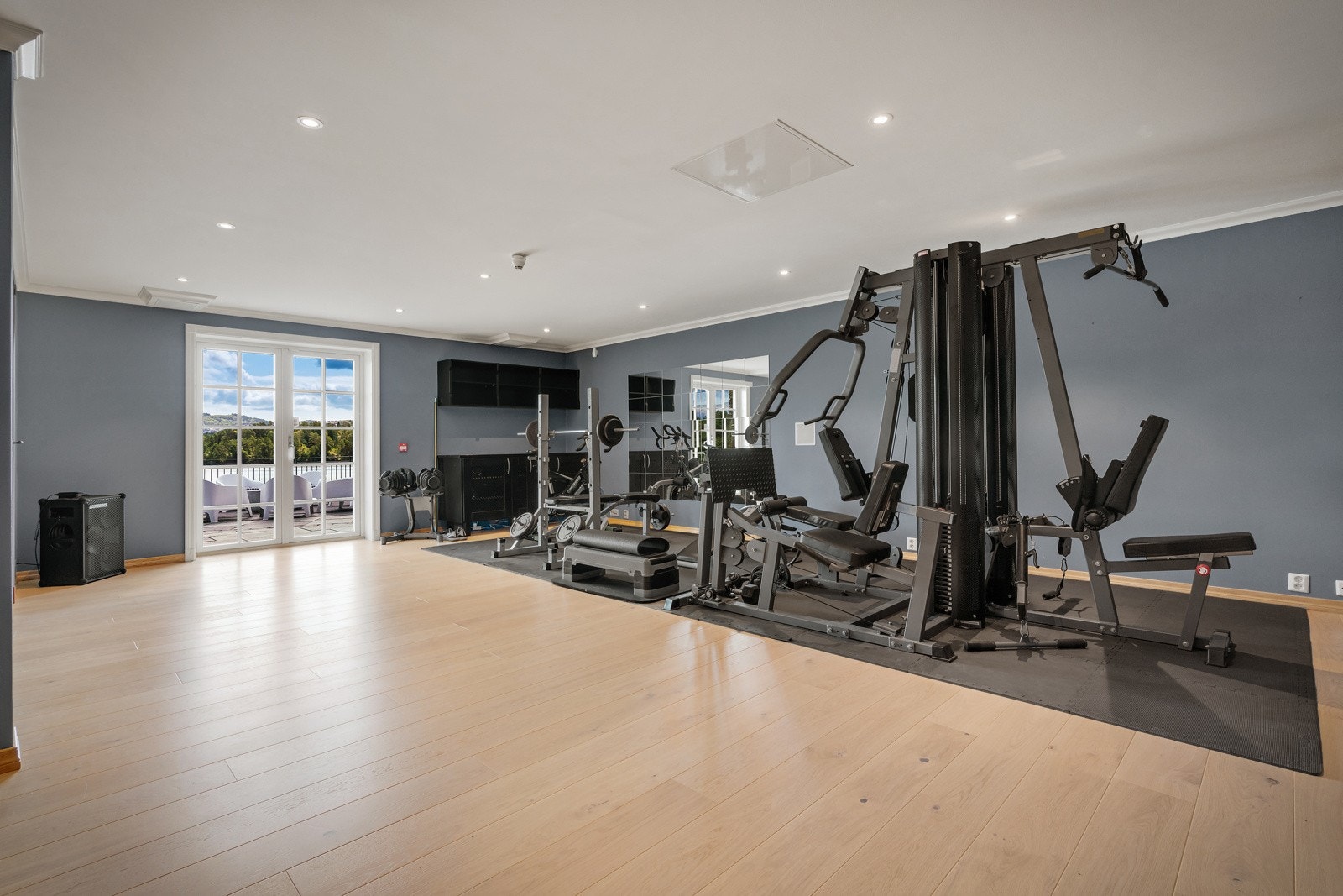 - Treningsrommet er på hele 42 kvm og har god plass til flere treningsapparater. Det lagt sportsmatter over 1-stavs eikeparkett, så her kan man enkelt gjøre treningsrommet om til et annet formål, om ønskelig - Galleribilde