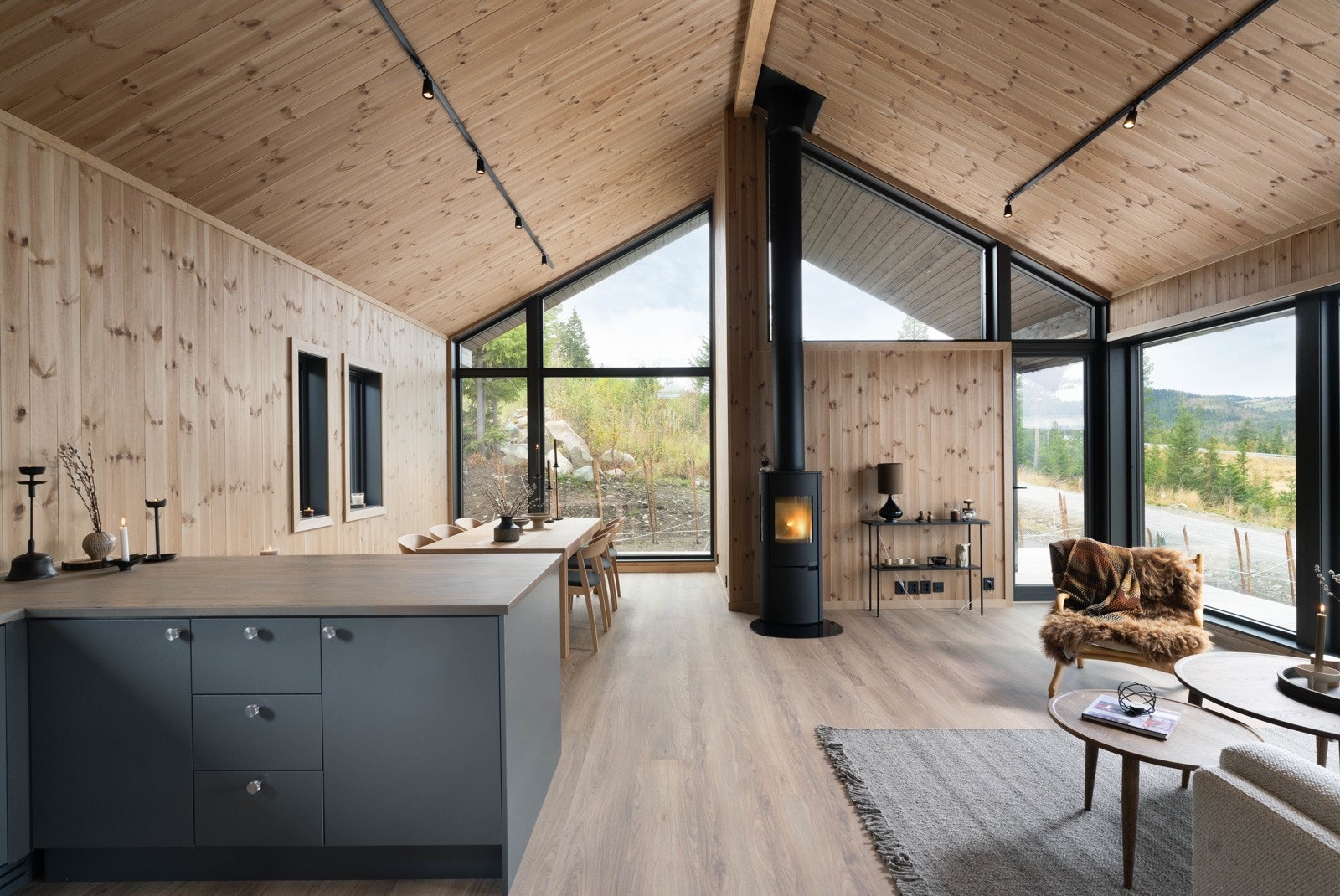 Vinduer fra gulv til tak på to sider av stuen vil du få den utsikten og naturen helt inn i sofakroken. Galleribilde