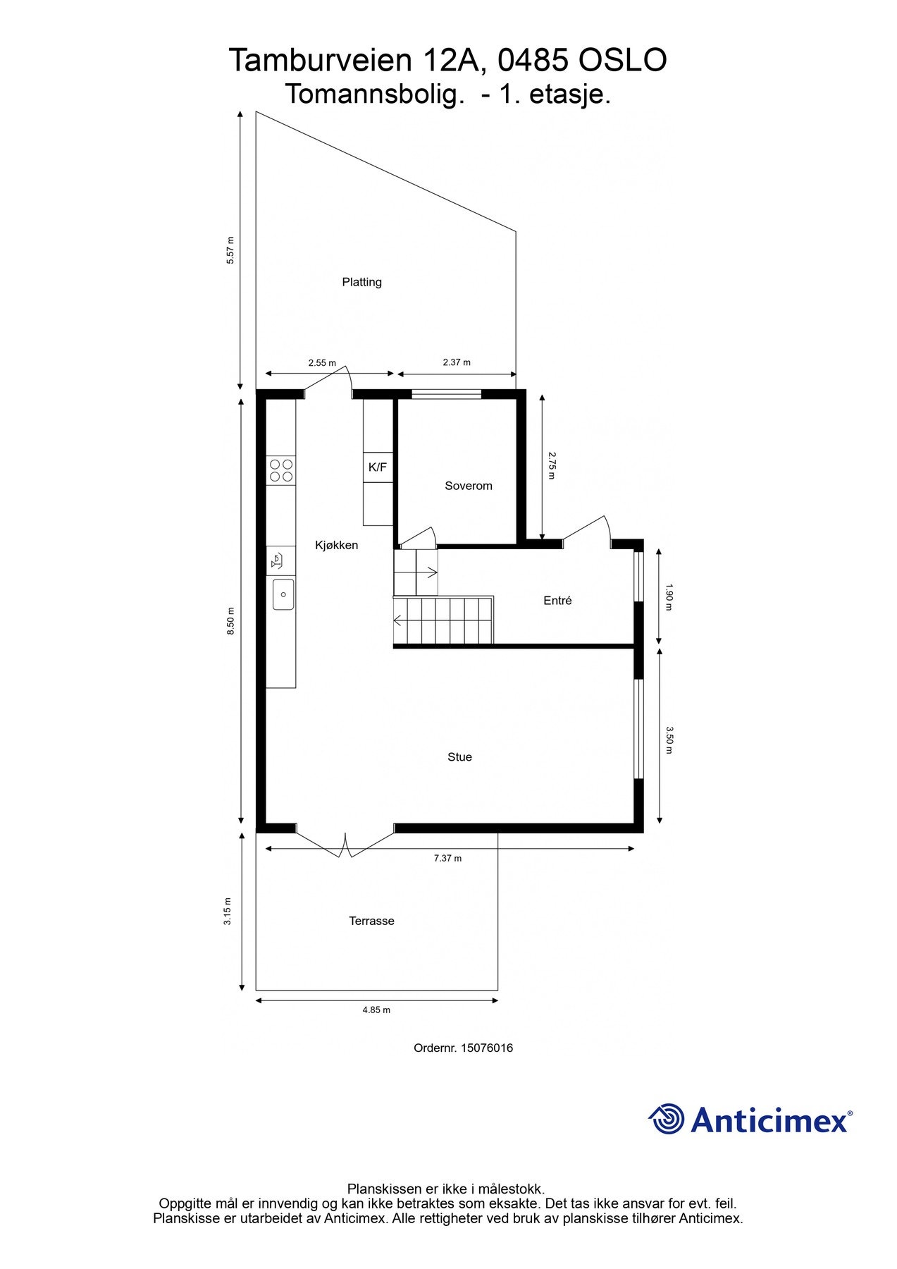 Hovedetasje: Entré/trapperom, stue, kjøkken og soverom. Galleribilde