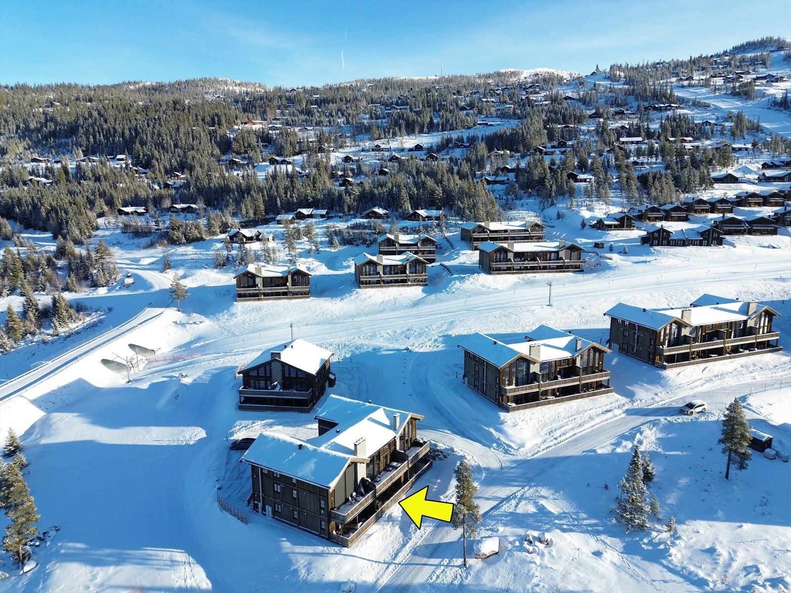 Leiligheten ligger rett ved tilbringerheisen ved alpinbakken så her er det bare å spenne på seg skiene fra hytteveggen. Galleribilde