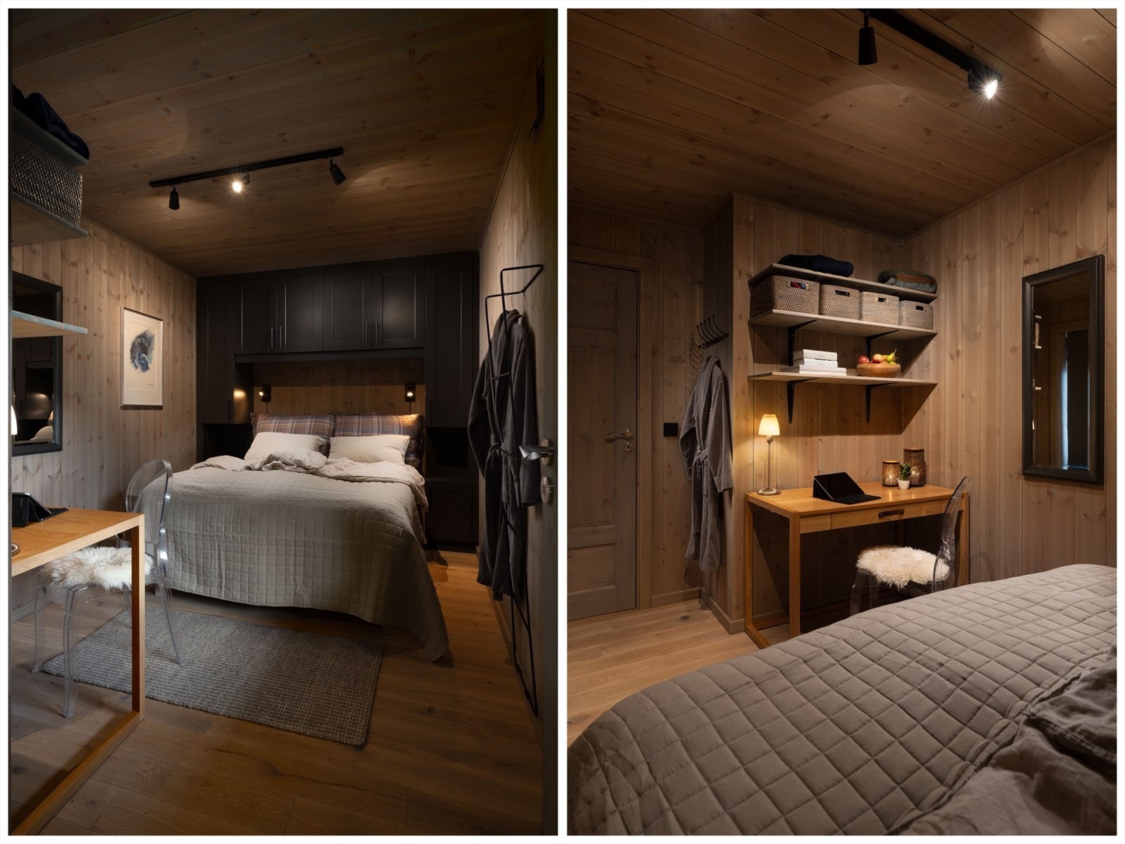 Det er montert skap og dobbeltseng. Vegghengte hyller. Galleribilde