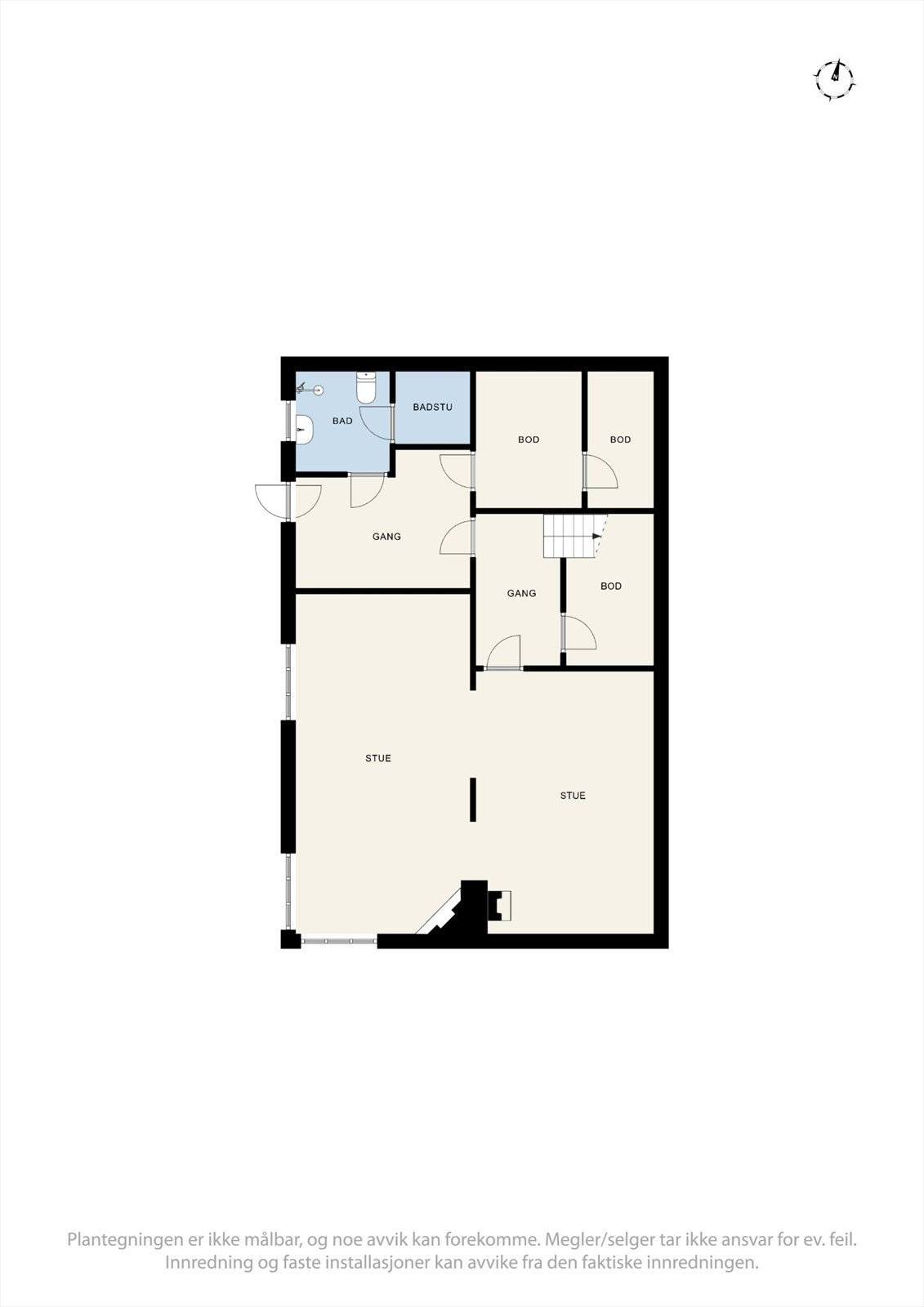 Plantegning av kjeller i hoveddel. Ingen av rommene er godkjent. Galleribilde