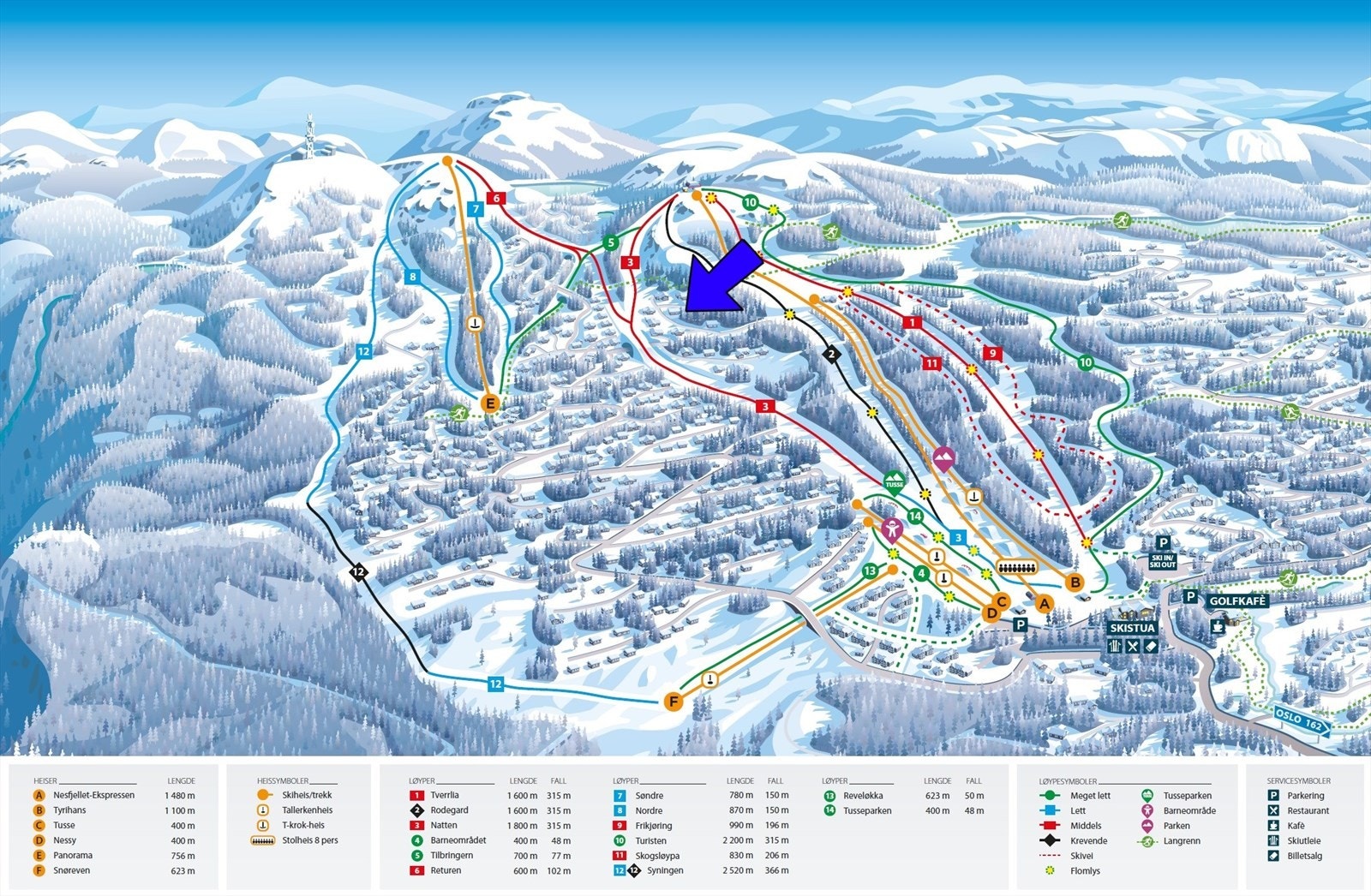 Alpinsenteret kan friste med 6 heiser, 14 nedfartsløyper, terrengpark og eget skjermet barneområde. Galleribilde