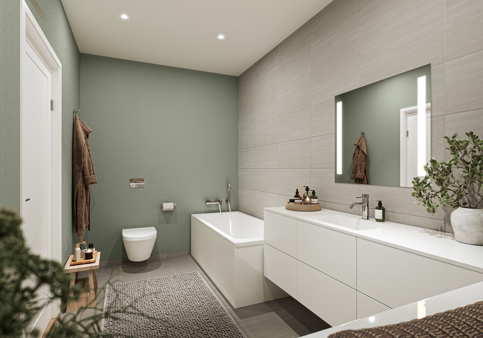 - Baderommet leveres med en lettere grønntone, kombinert med varmgråe fliser. Varme i gulv og downlights i himling - (Merk! leveres ikke med badekar) Galleribilde