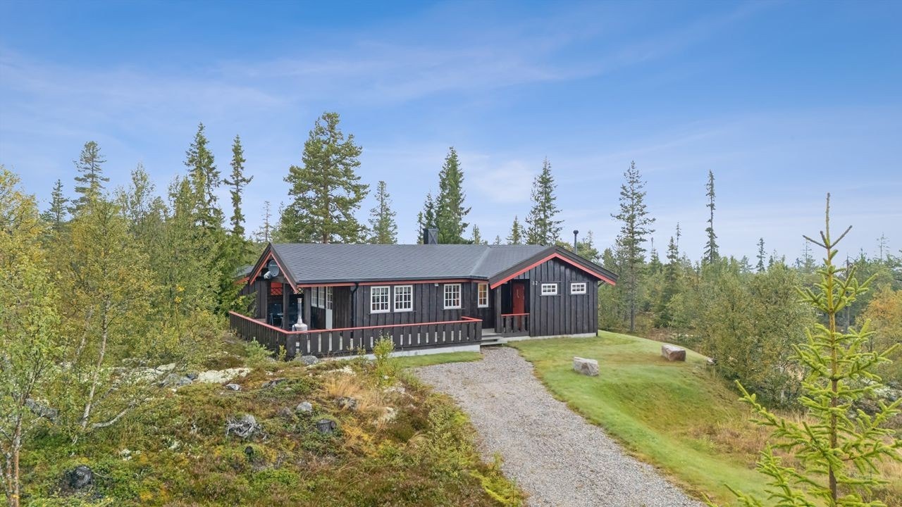 Fritidsbolig fra 2009, usjenert plassert i terrenget med gruset adkomstvei og parkering på tomten. Galleribilde