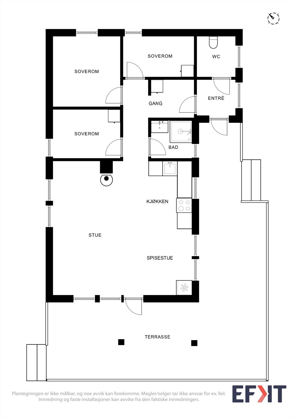 Plantegningen viser en arealeffektiv planløsning på 67 m² med tre soverom og åpen stue- og kjøkkenløsning. Galleribilde