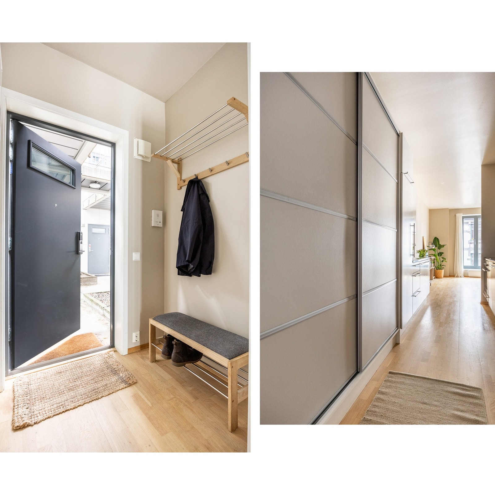 Stor skyvedørsgarderobe i entré. Galleribilde