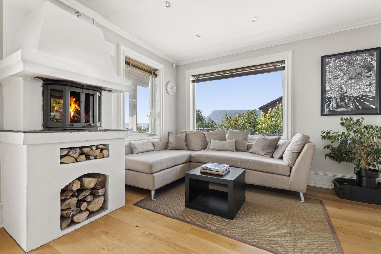 Hyggelig peis med praktisk rom for ved under som gir en lun stemning på kalde vinterdager. Galleribilde