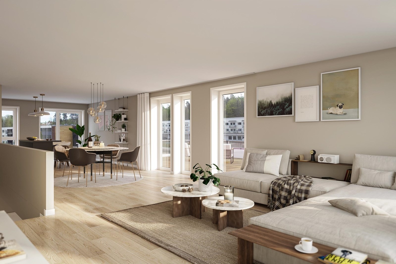 3d Illustrasjon av stue med utgang til takterrassen Galleribilde