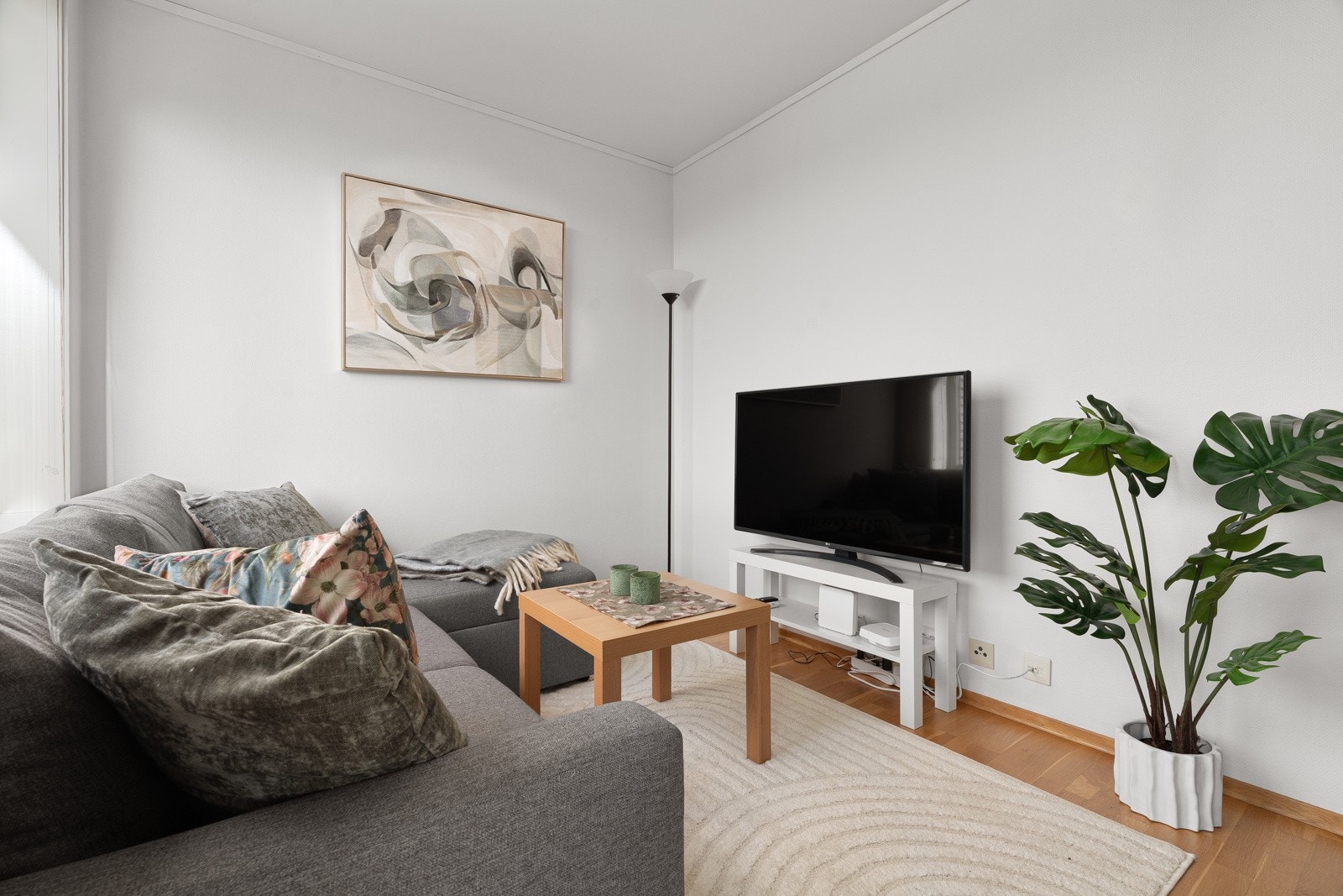 Stuen har god plass til sofa og tilhørende bord.