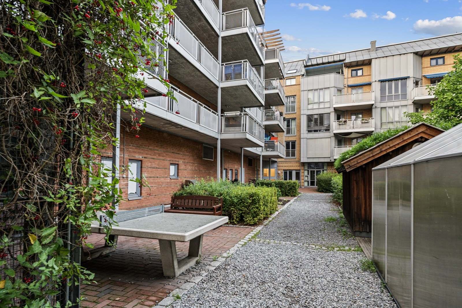 I bakgården finner man bordtennisbord, ballbinge og baskeballbane Galleribilde