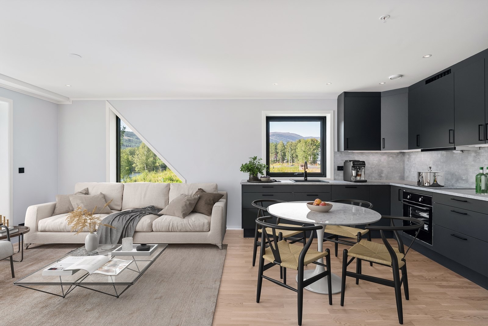 Moderne kjøkkeninnredning fra NYBO Kjøkken AS, tilpasset boligen med rene linjer og god skapplass.
Bildet er digitalt stylet all den tid boligen er helt ny. Galleribilde