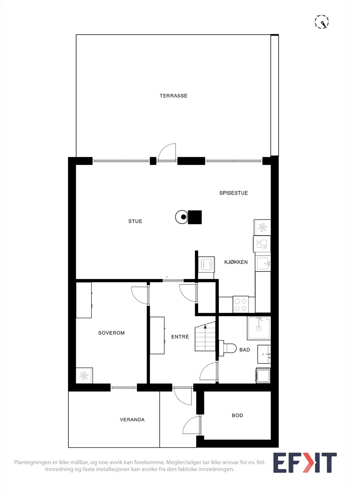 Første etasje har en god planløsning med entré, bad, soverom og en åpen stue- og kjøkkenløsning. Galleribilde