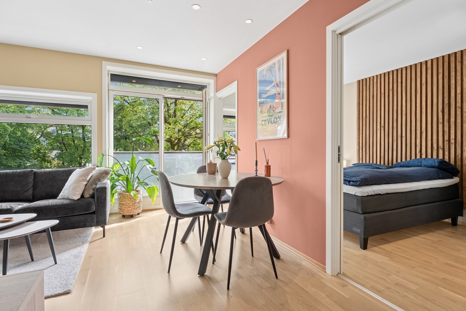 Arealeffektiv avdeling av stue og soverom med skyvedører. Galleribilde