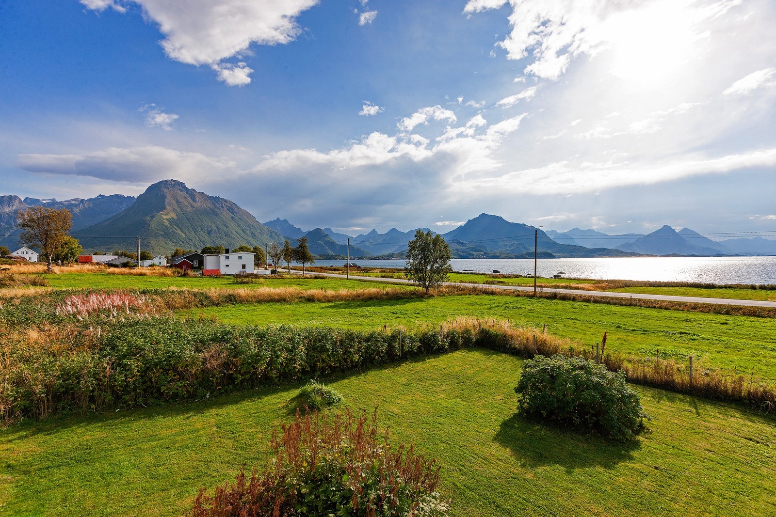 Tomten er pent opparbeidet med plen og diverse busker. Galleribilde