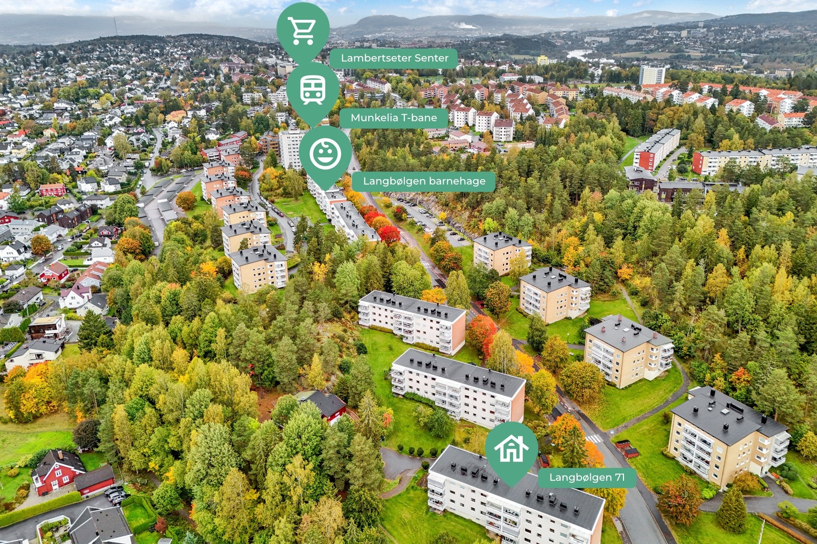 Det er kort avstand til bhg, skoler, idrettsanlegg, marka, off. kommunikasjon, Lambertseter senter, Sæter Torg m.m. Galleribilde