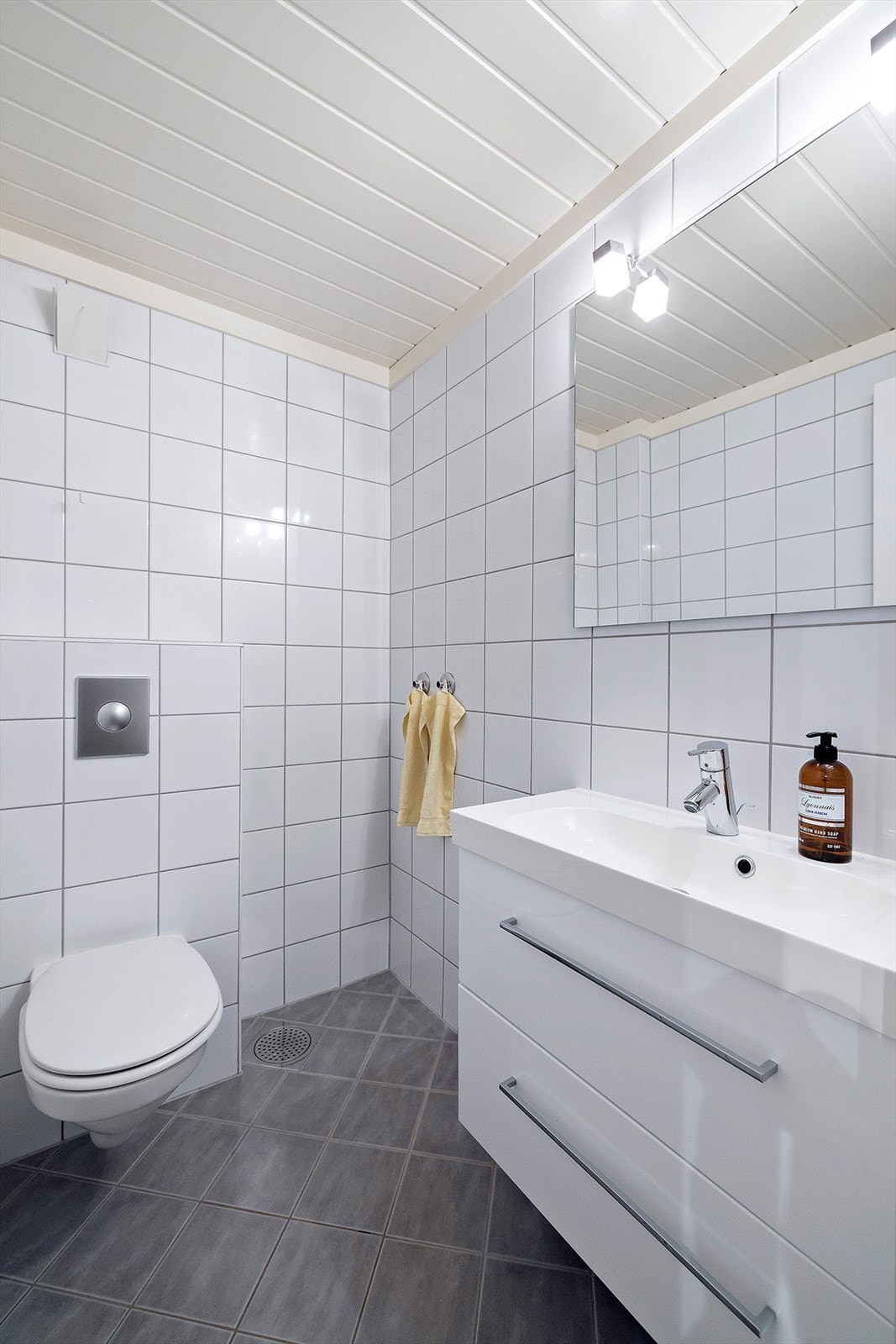 Her er det vegghengt toalett, nedfelt servant med god oppbevaringsplass og opplegg for dusj Galleribilde