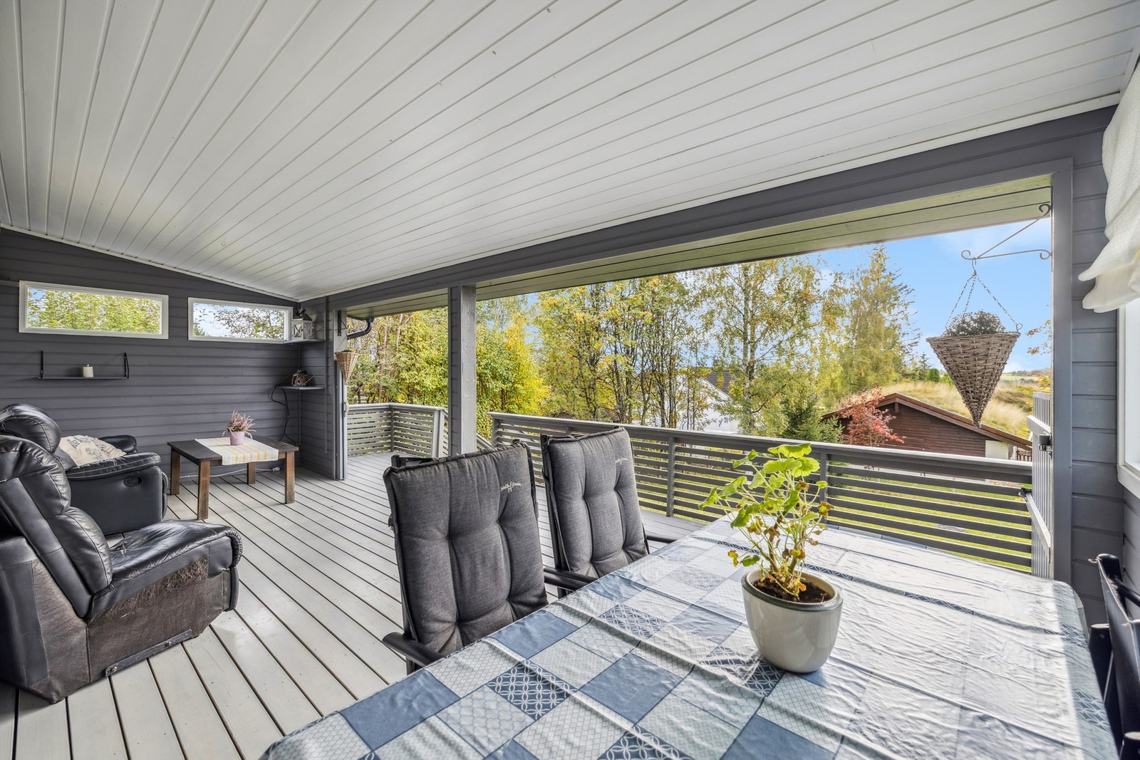 Den overbygde terrassen fungerer som en forlengelse av stuen, med plass til både spise- og sofagruppe. Galleribilde