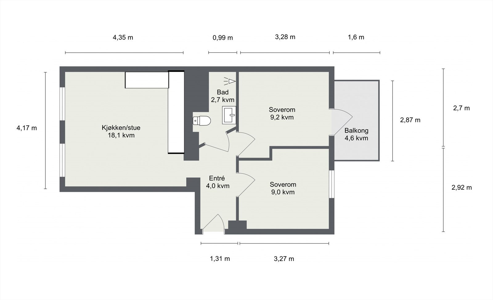Leiligheten ligger i 3. etasje og inneholder entré, stue/kjøkken, 2 soverom, bad og balkong. I tillegg disponerer leiligheten en kjellerbod på ca. 5 m². Galleribilde