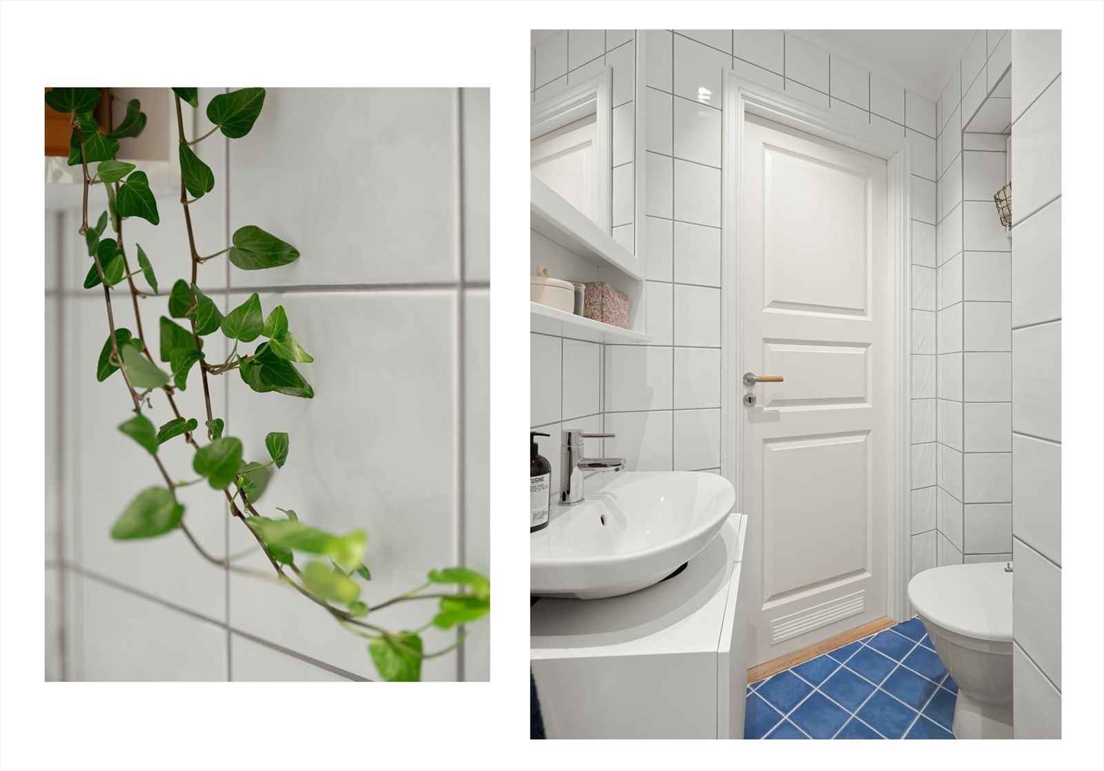 Badet har servantinnredning med dører og speilskap, gulvmontert toalett og dusjnisje. Galleribilde