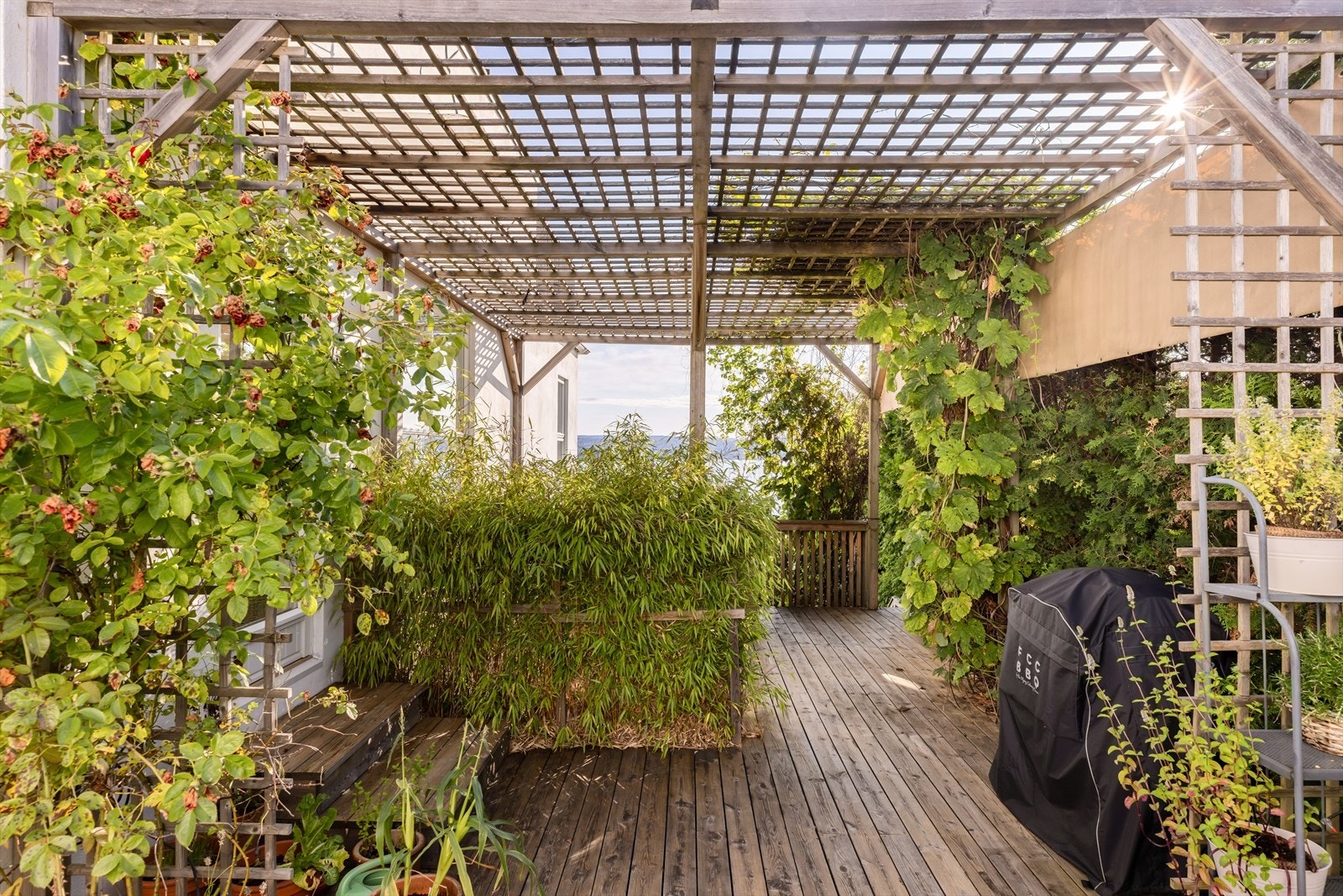 Terrassen har adkomst fra kjøkken, innkjørsel og hage. Galleribilde