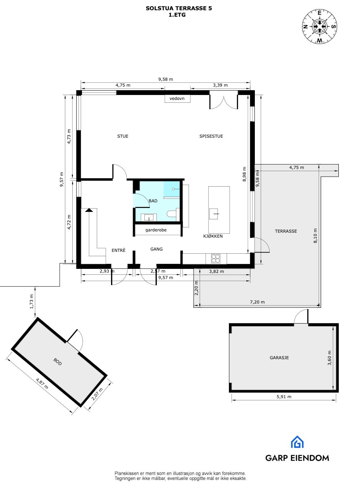 Målsatt plantegning 1. etasje, utvendig bod og garasje. Galleribilde