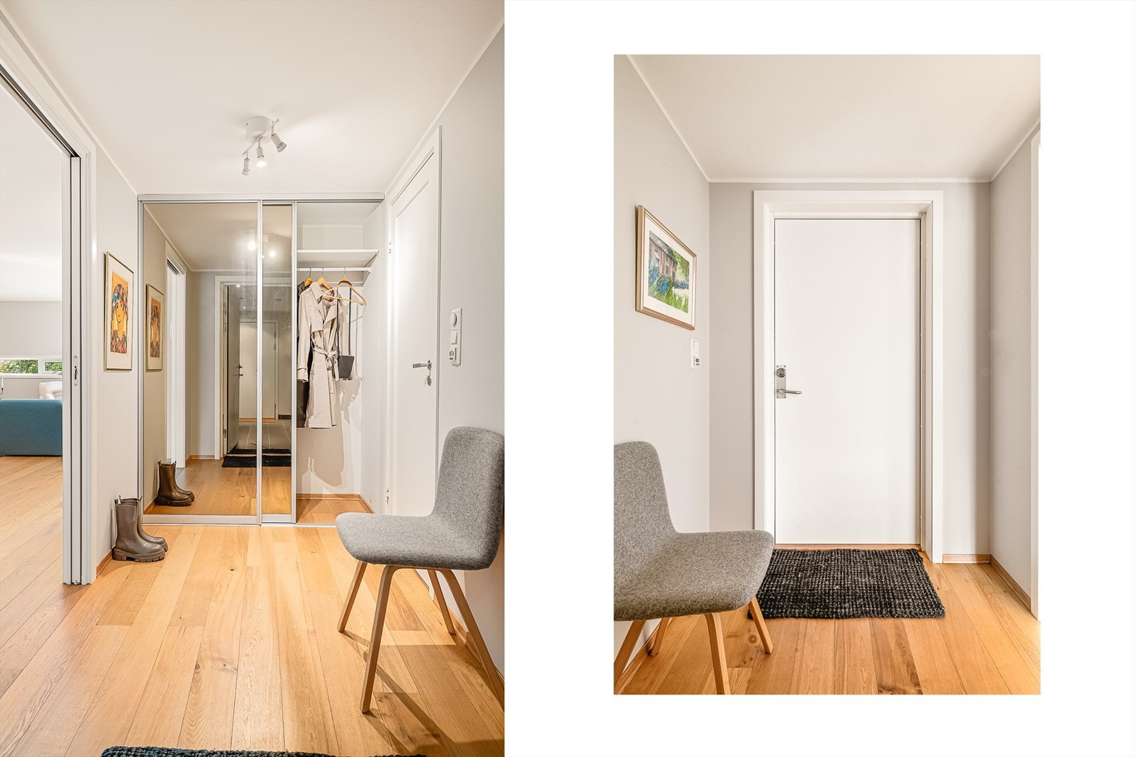 Entréen er på 4,7 kvm og ønsker deg velkommen med varmekabler i gulvet, som gir en lun og behagelig start på dagen. Det er montert skyvedørsgarderobe med god plass til oppbevaring av sko og yttertøy. Galleribilde